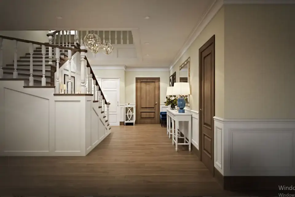 Villa Giriş Holü – Beyaz Panelli Merdiven ve Ahşap Kapılar