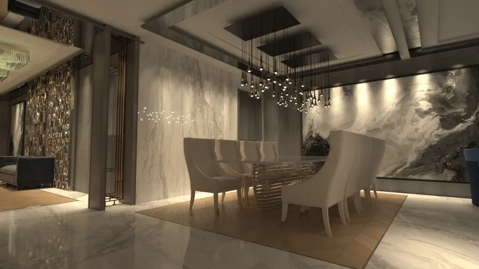 Hotel Suite Dining Room – Marble Feature Wall, Pendant Cluster
