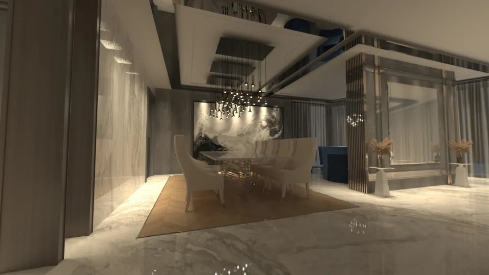 Hotel Suite Dining Area – Bronze-Base Table, Cream Chairs