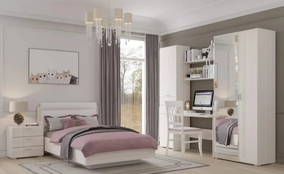 Yurt Odası Takımı – Beyaz, Aynalı Gardırop ve Pembe Detaylar
