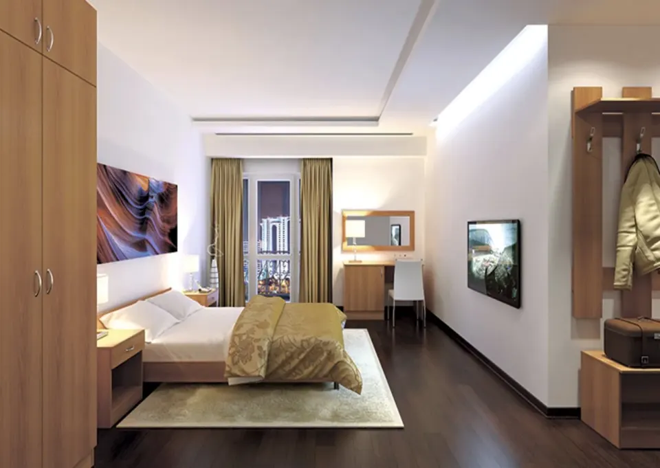 Otel Odası Takımı – Açık Ceviz Tonlu, Duvar TV'li Uzun Oda