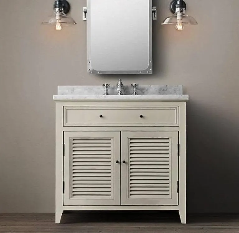 Krem Panjur Kapaklı Banyo Dolabı – Tek Lavabo, Perçinli Ayna